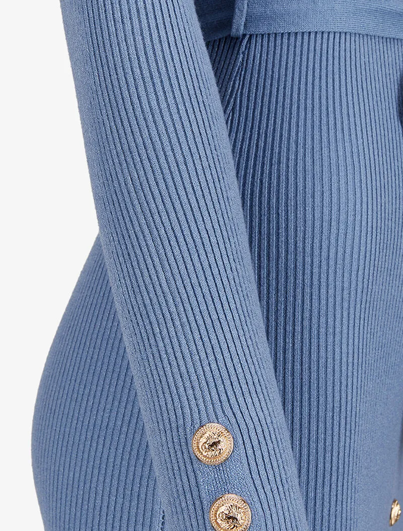 Robe pull mi-longue et côtelée à boutons décoratifs - Bleu
