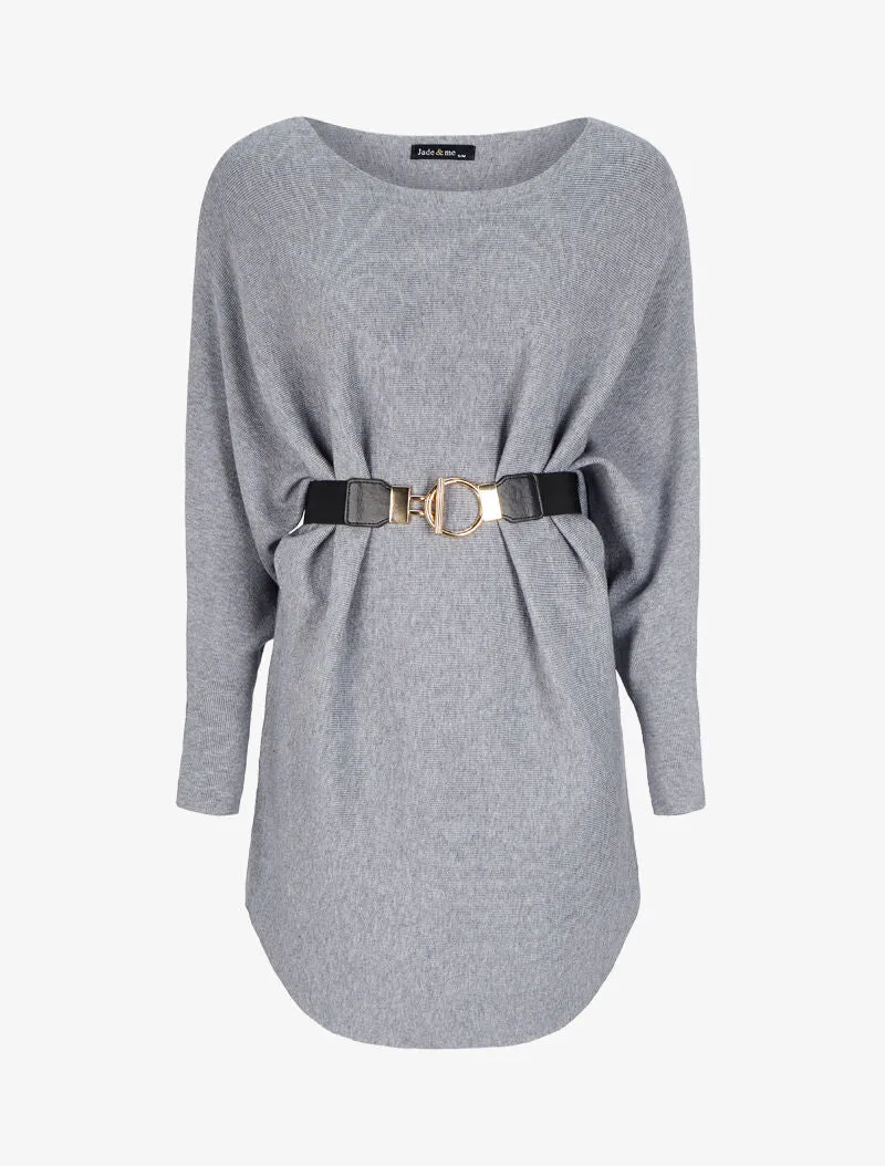 Tunique en maille à manches dolman et col bateau - Gris chiné