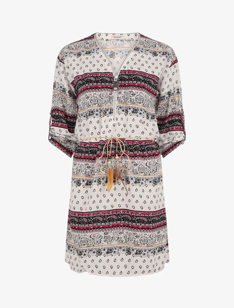 Robe fluide à col zippé imprimé mosaïque et fleurs - Blanc
