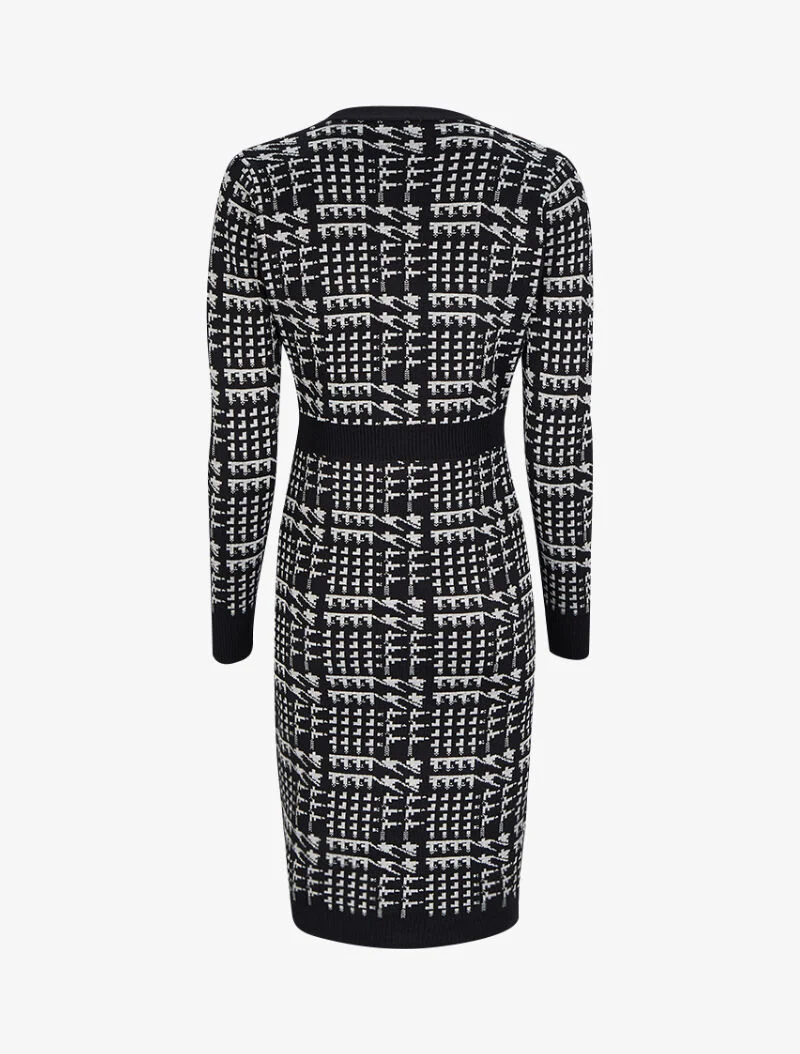 Robe mi-longue col V à imprimé graphique - Noir/gris