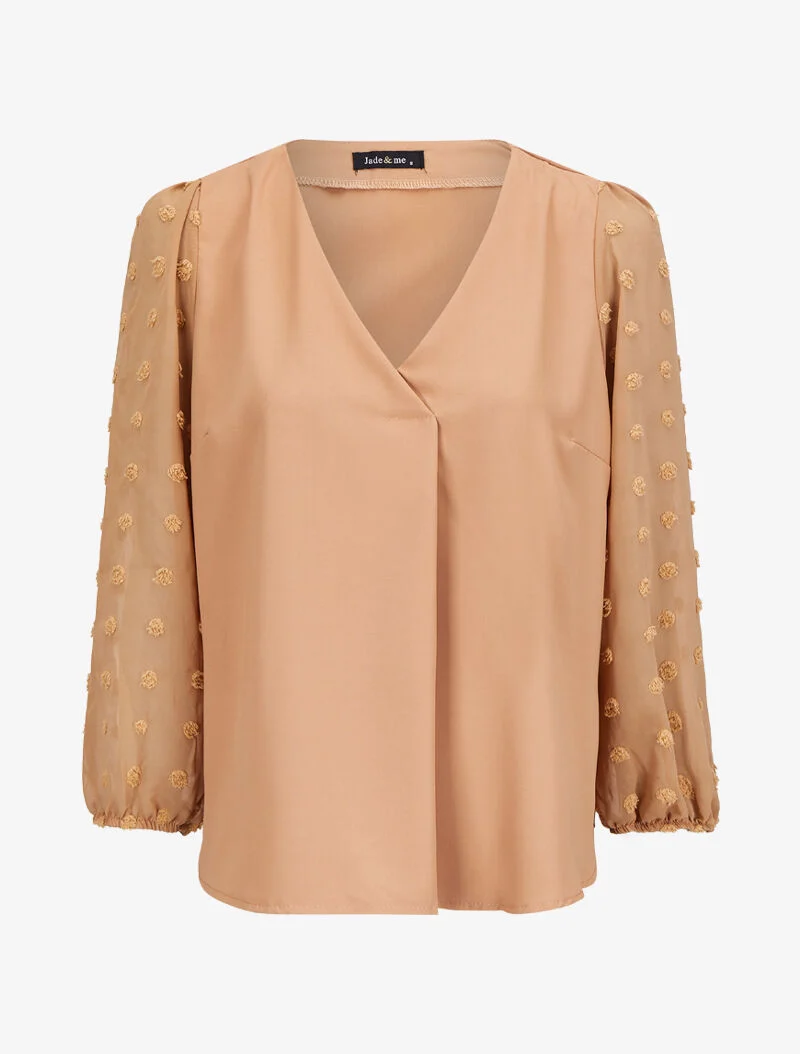 Blouse à manches transparentes style plumetis - Camel