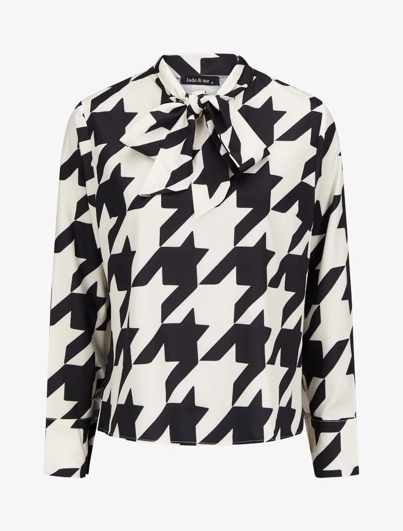 Blouse à col lavallière à imprimé pied de coq - Noir