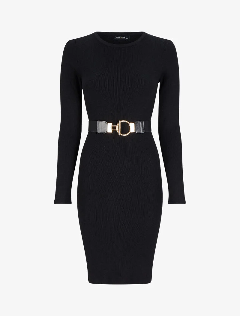 Robe pull unie à ceinture stylisée - Noir