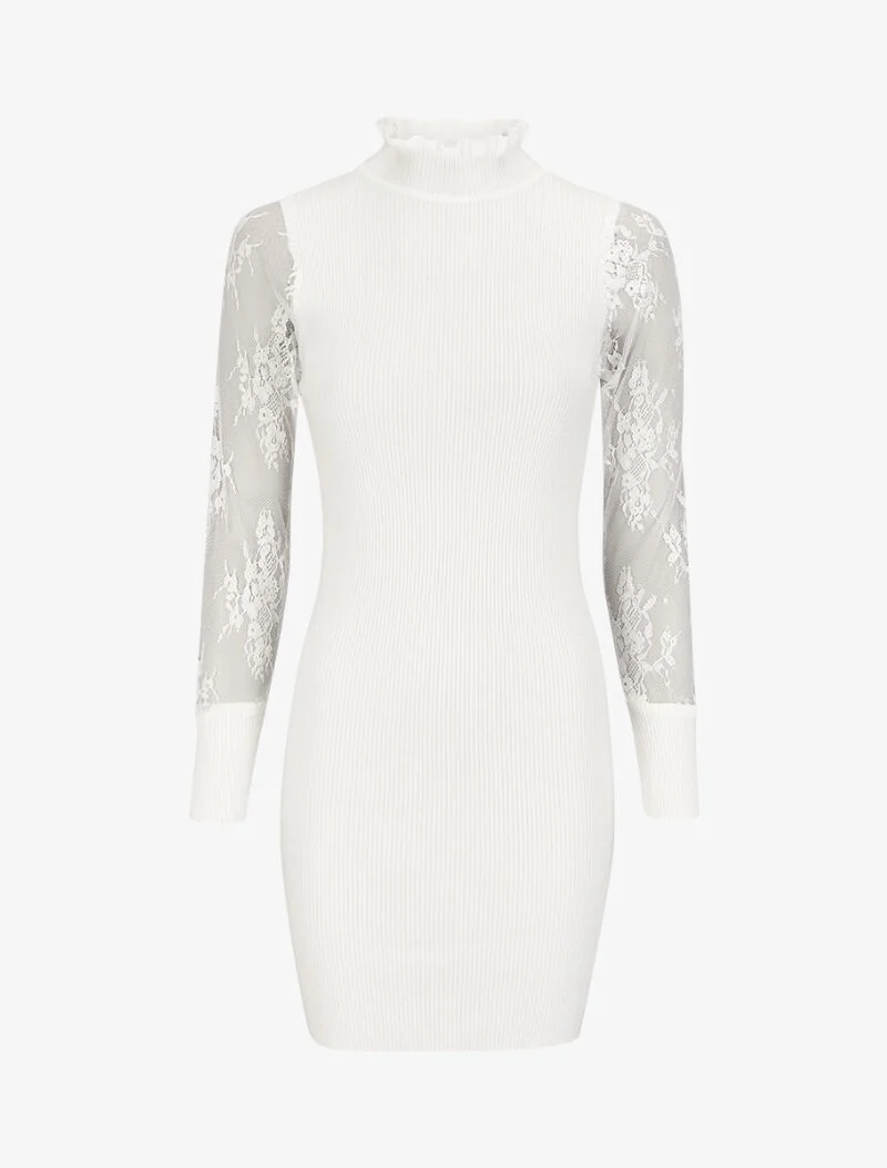 Robe pull côtelée à col volanté et manches en dentelle - Blanc