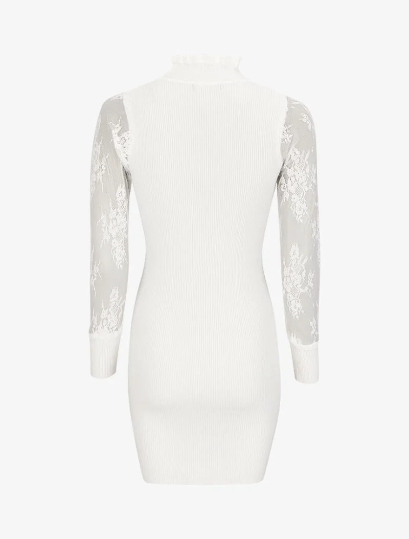 Robe pull côtelée à col volanté et manches en dentelle - Blanc