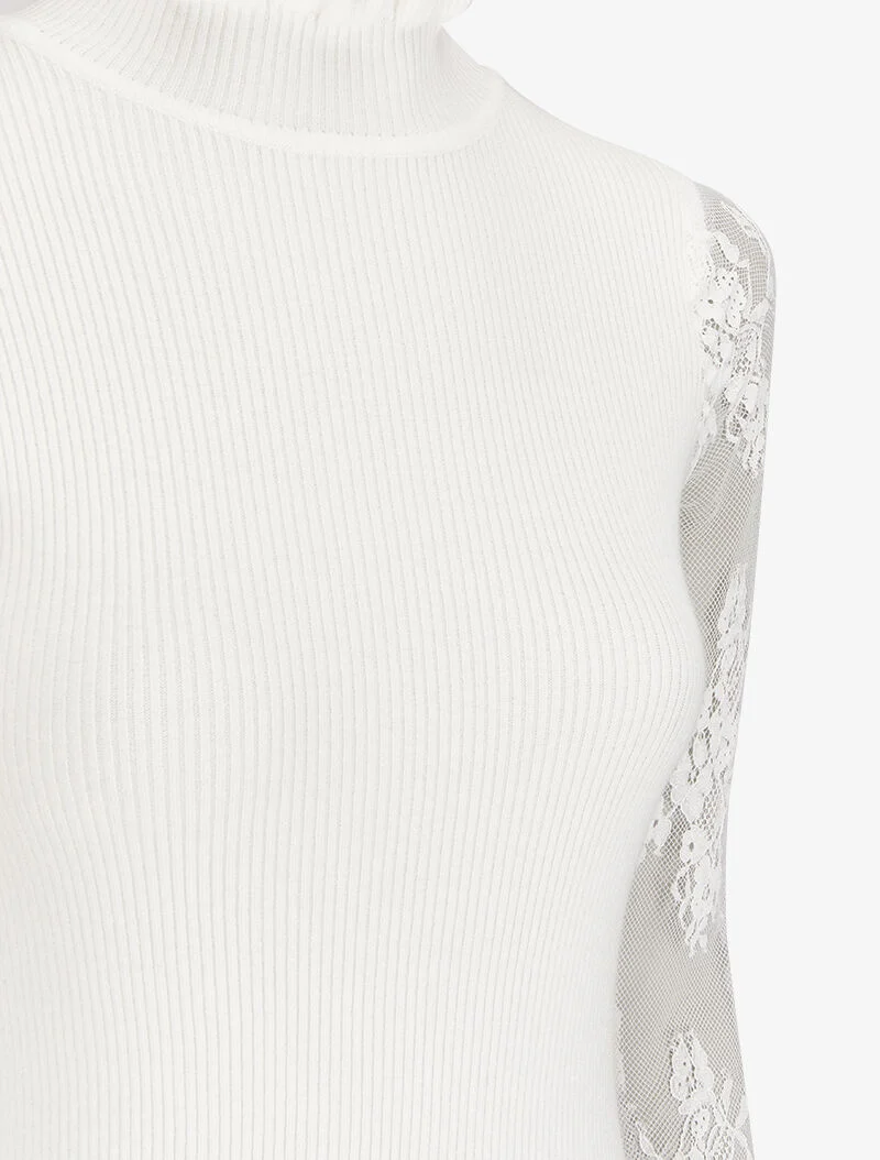 Robe pull côtelée à col volanté et manches en dentelle - Blanc