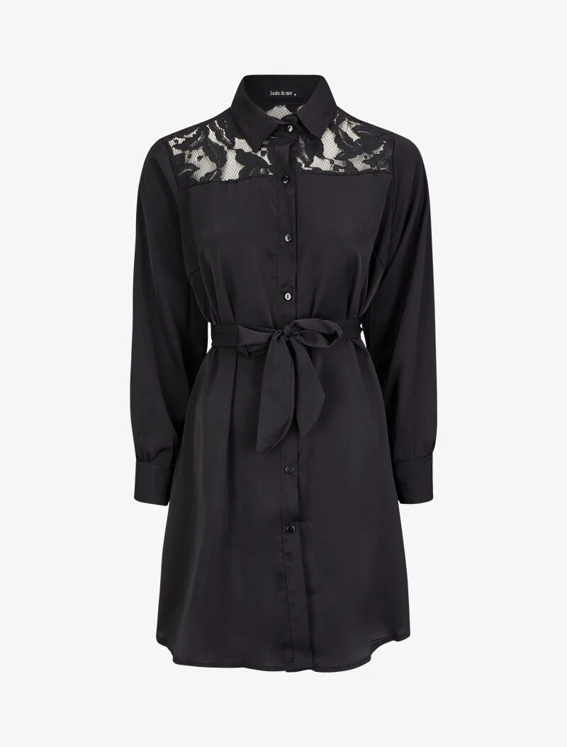 Robe chemise ample à épaules en dentelle - Noir