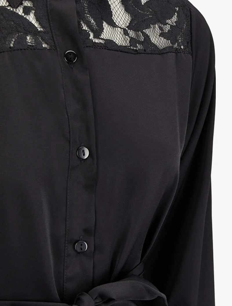 Robe chemise ample à épaules en dentelle - Noir