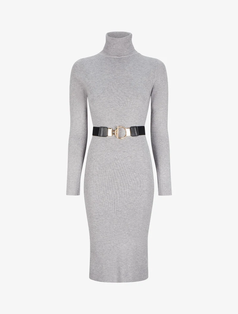 Robe pull longue à col roulé - Gris chiné