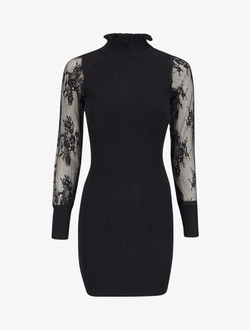 Robe pull côtelée à col volanté et manches en dentelle - Noir