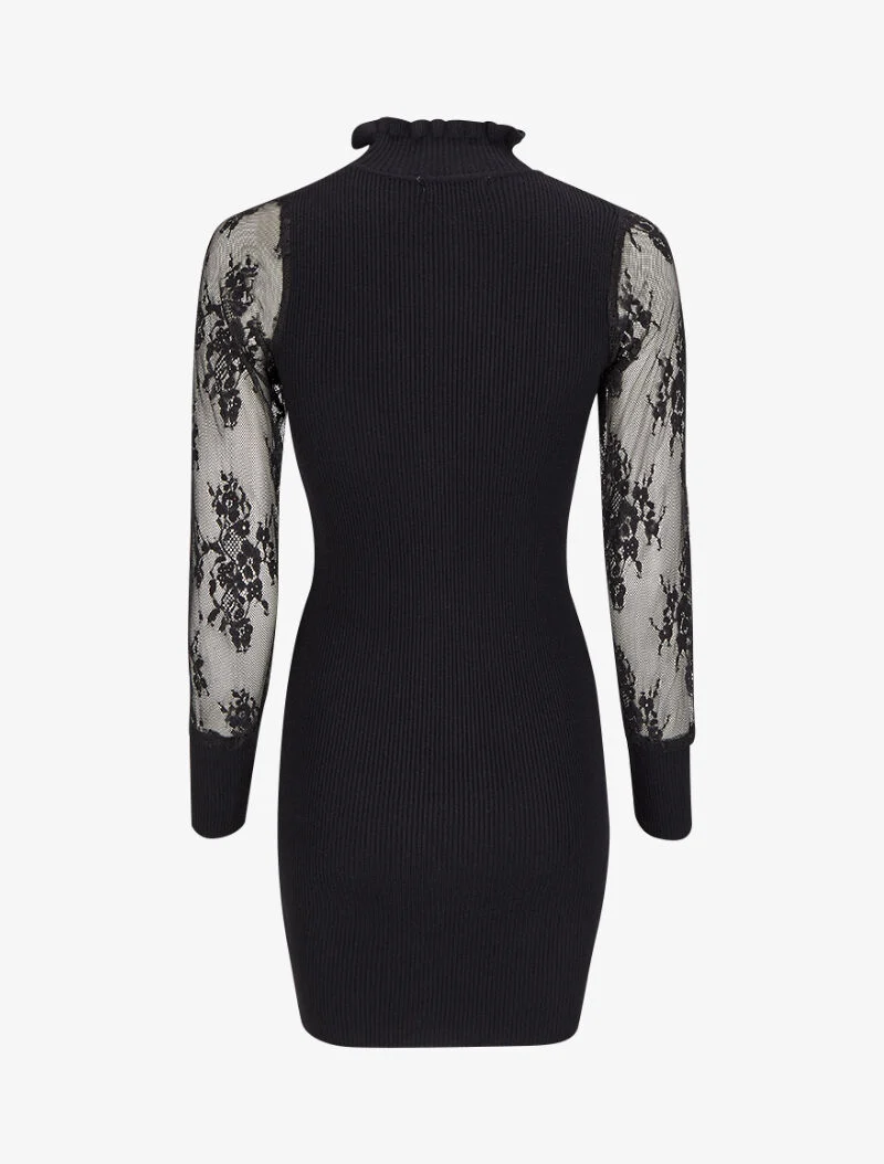 Robe pull côtelée à col volanté et manches en dentelle - Noir