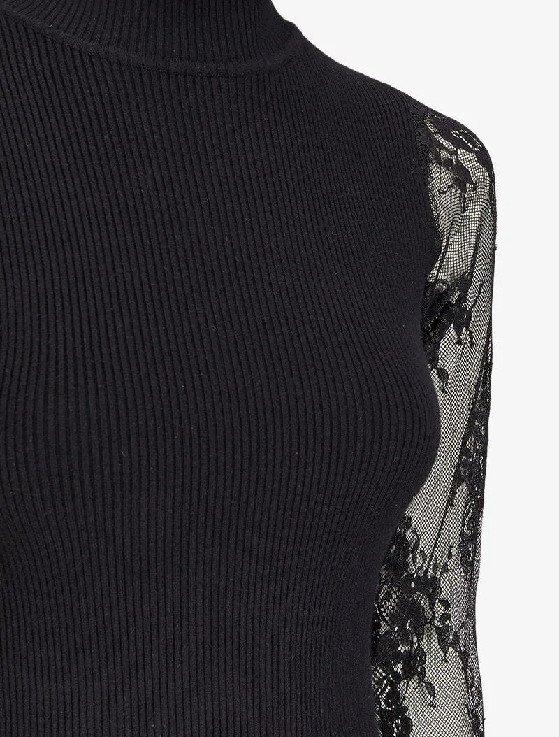 Robe pull côtelée à col volanté et manches en dentelle - Noir