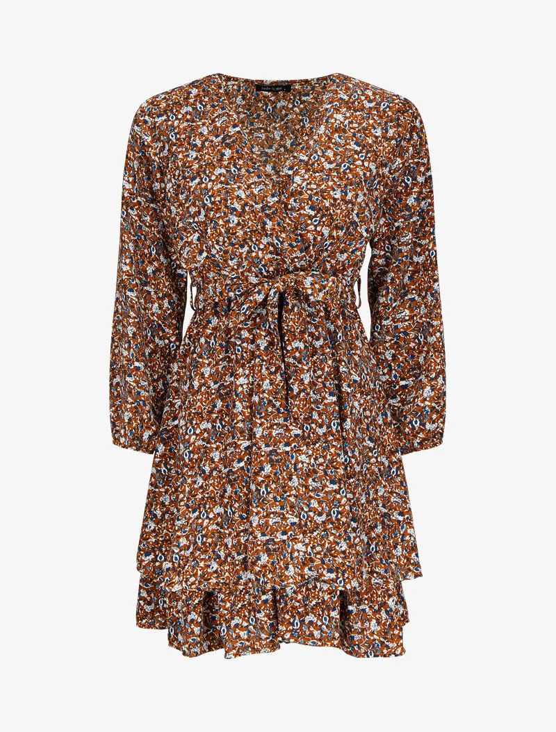 Robe cache-coeur à imprimé floral - Camel