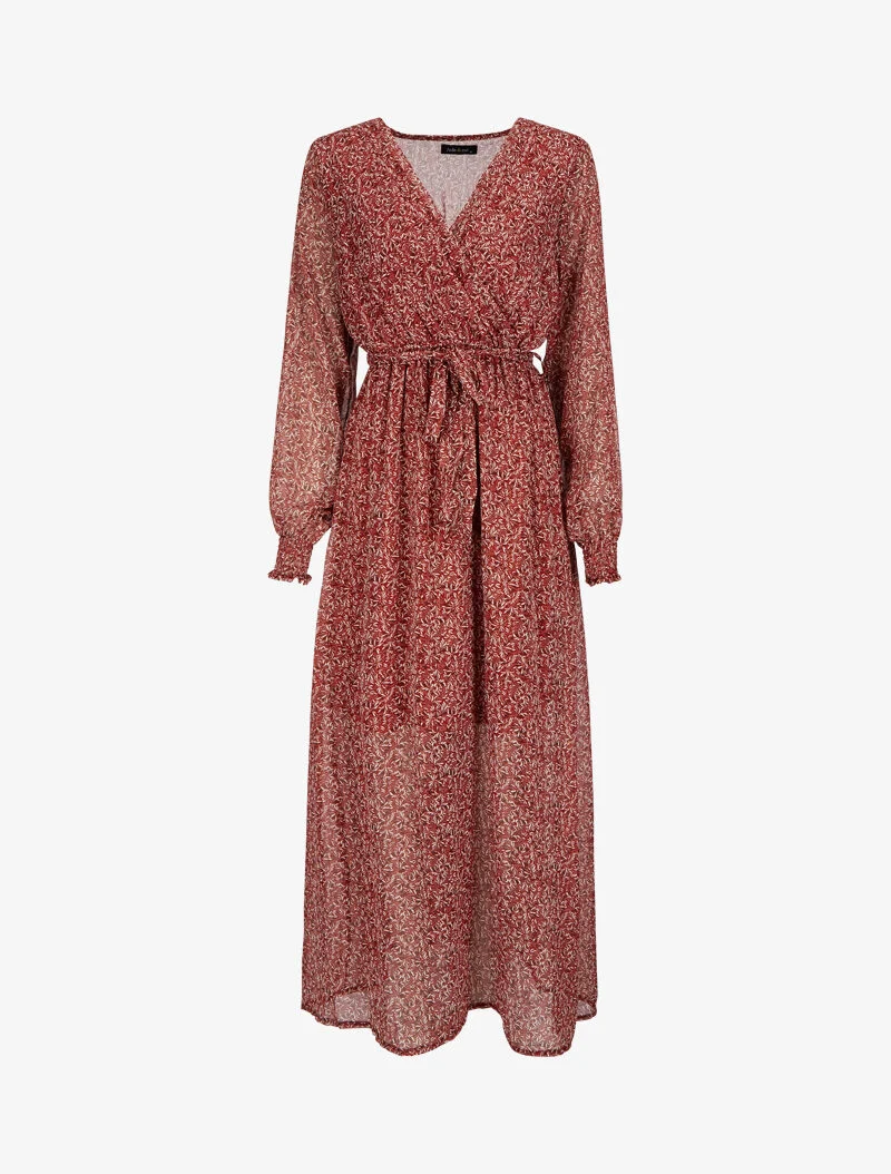 Robe longue cache-coeur à imprimé feuilles d'olivier - Rouge