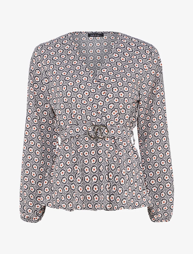 Top péplum imprimé marguerites stylisées à encolure cache-coeur - Noir/beige