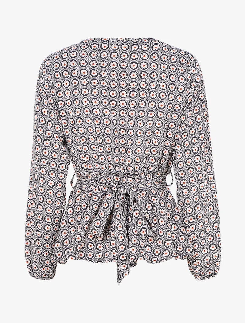 Top péplum imprimé marguerites stylisées à encolure cache-coeur - Noir/beige