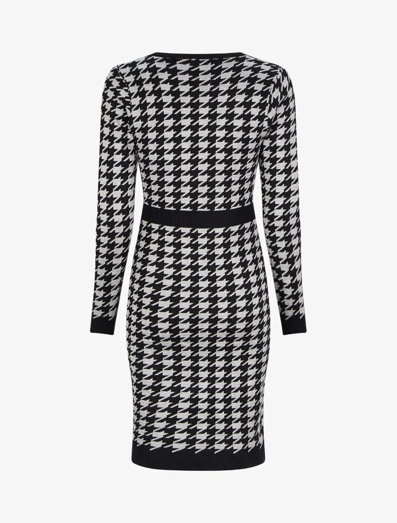 Robe mi-longue col V à imprimé pied-de-coq - Gris/noir