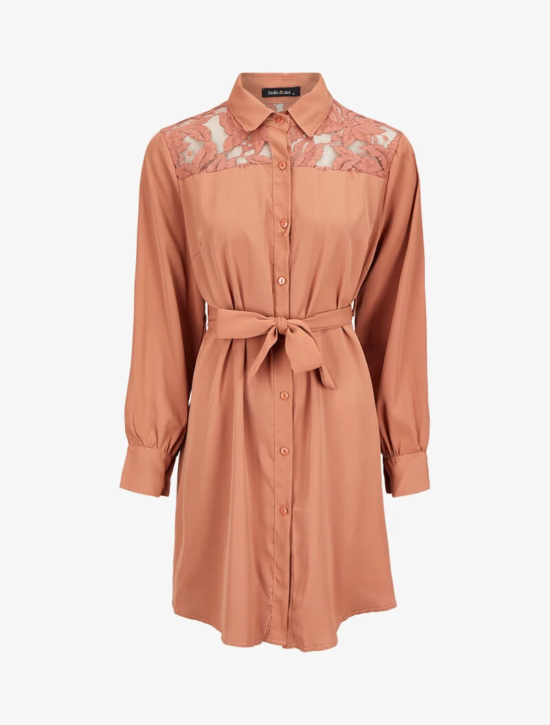 Robe chemise ample à épaules en dentelle - Camel clair