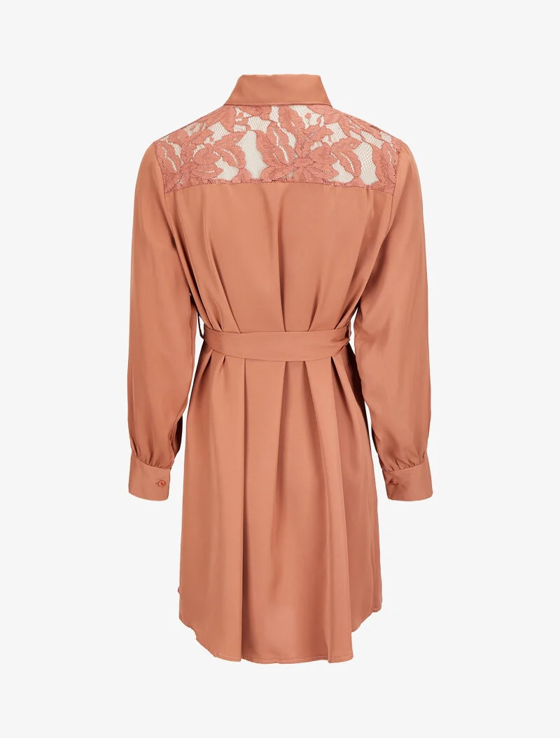 Robe chemise ample à épaules en dentelle - Camel clair