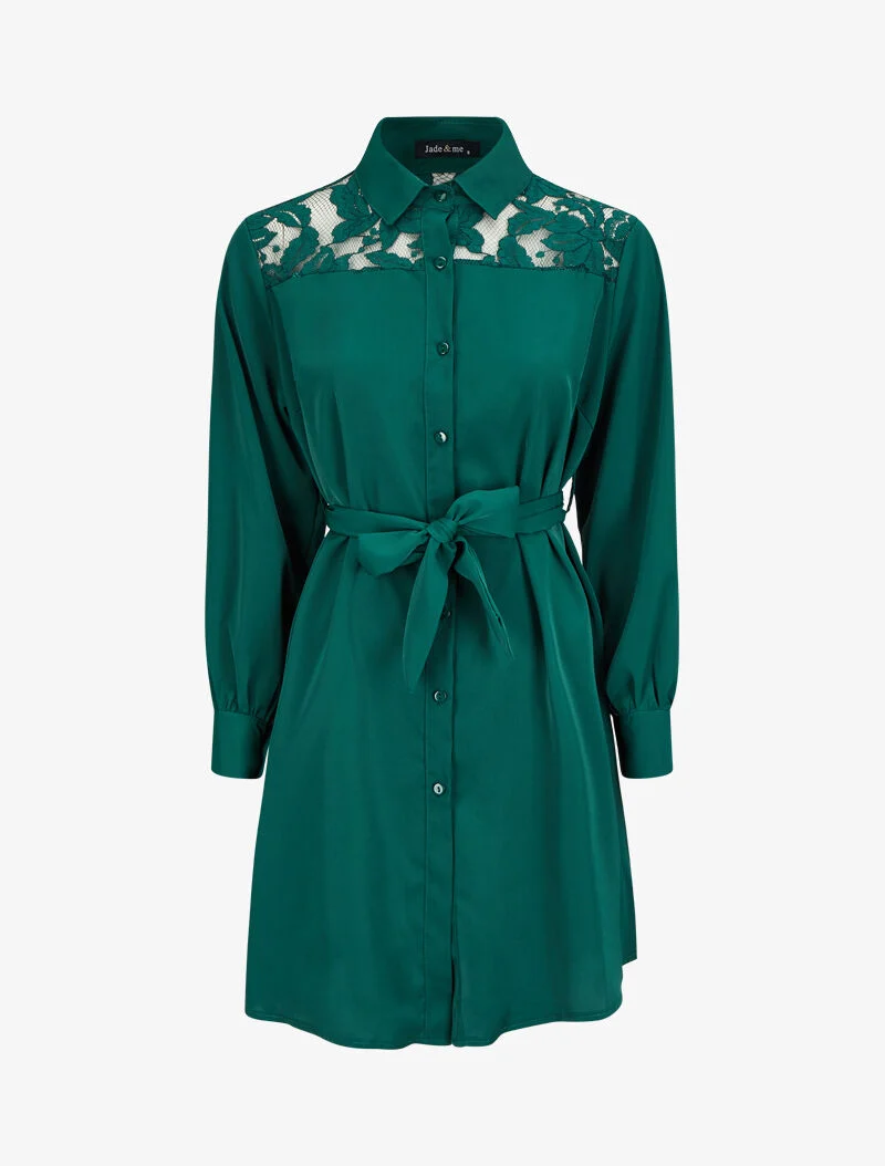 Robe chemise ample à épaules en dentelle - Vert sapin