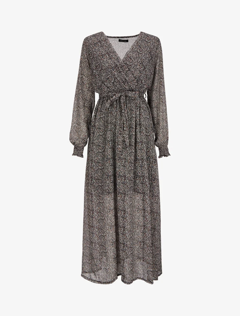 Robe longue cache-coeur à imprimé feuilles d'olivier - Noir