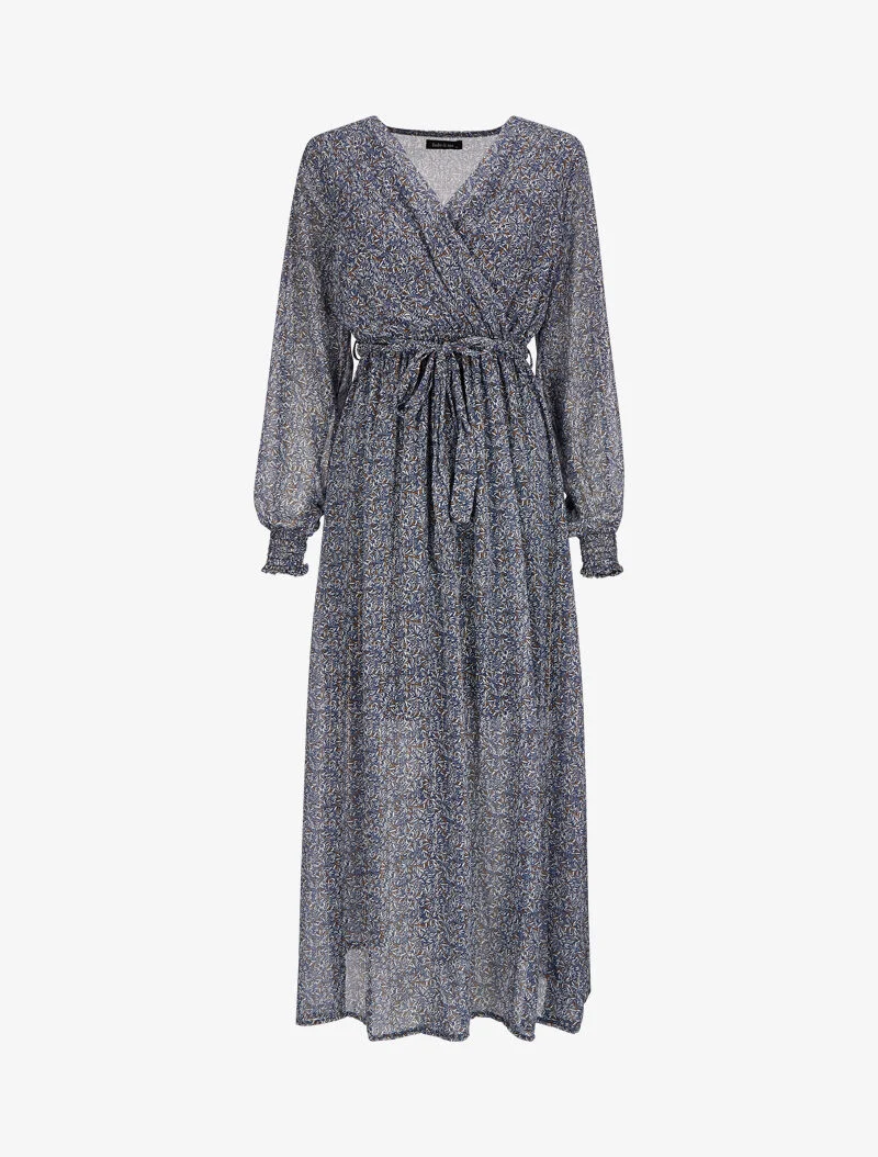 Robe longue cache-coeur à imprimé feuilles d'olivier - Bleu