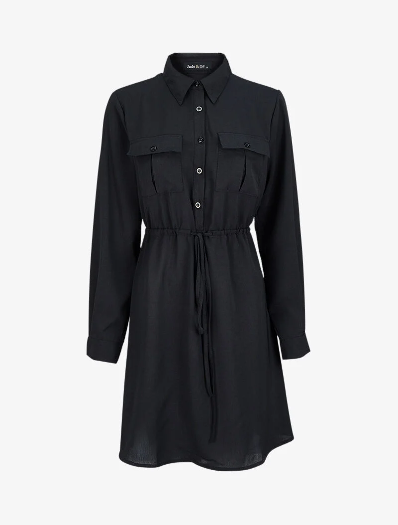 Robe chemise mi-longue à lien à nouer - Noir