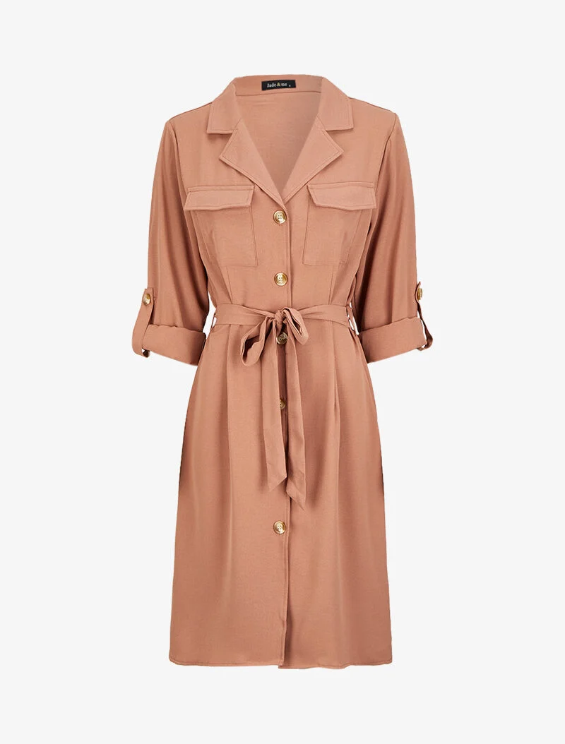 Robe chemise mi-longue à poches à rabats - Rose poudré
