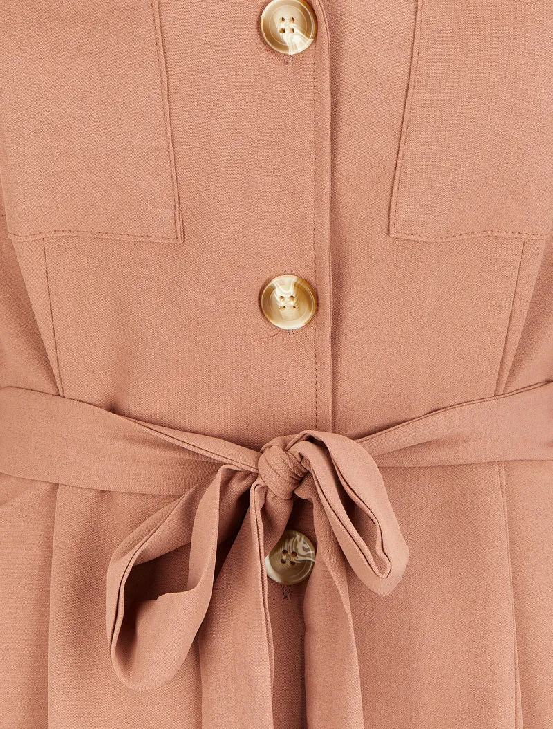 Robe chemise mi-longue à poches à rabats - Rose poudré