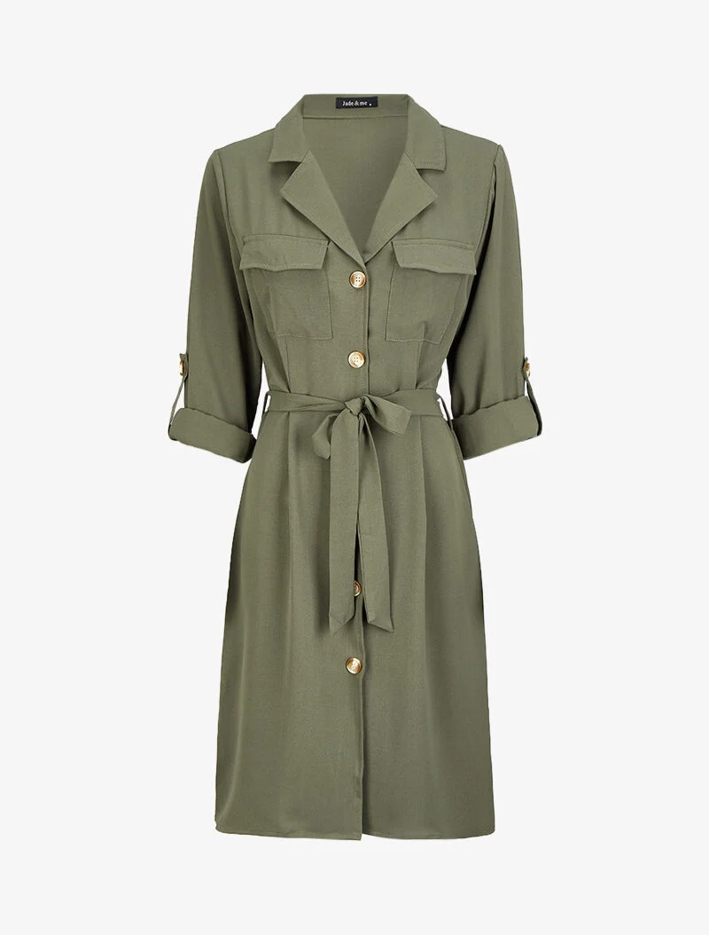 Robe chemise mi-longue à poches à rabats - Olive
