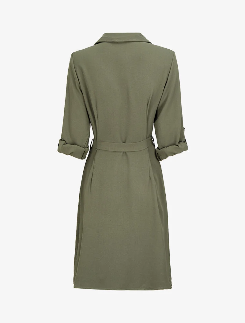 Robe chemise mi-longue à poches à rabats - Olive