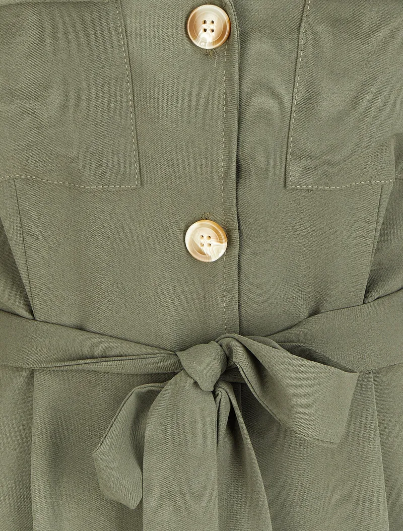 Robe chemise mi-longue à poches à rabats - Olive