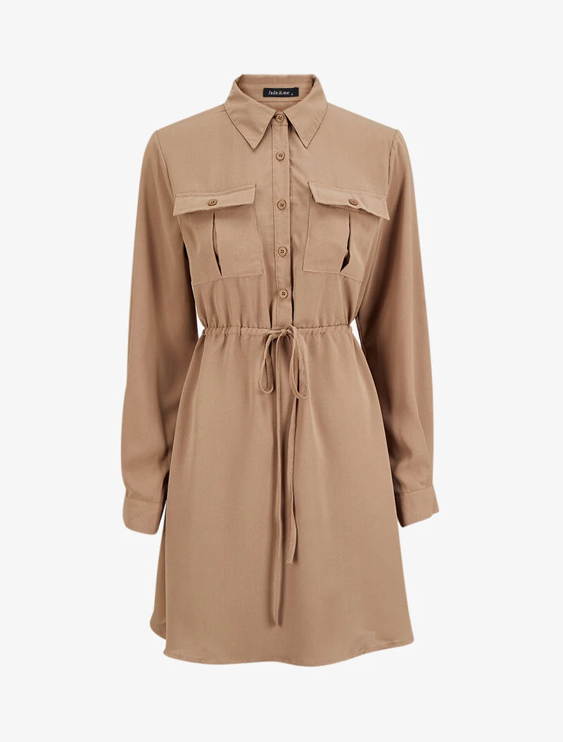 Robe chemise mi-longue à lien à nouer - Beige