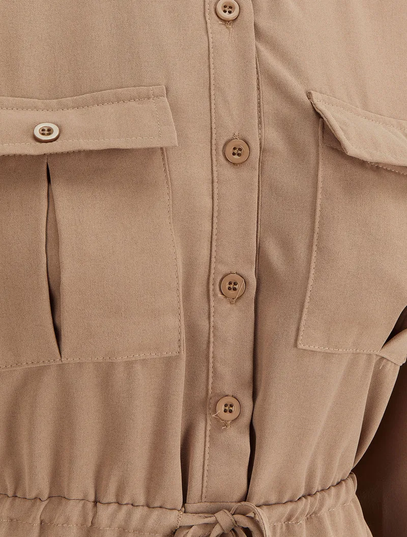Robe chemise mi-longue à lien à nouer - Beige