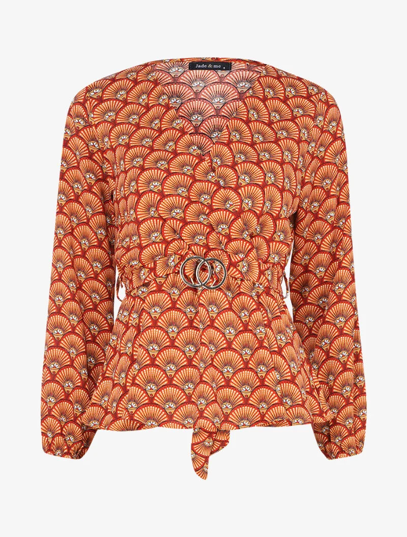 Top péplum imprimé éventails à encolure cache-coeur - Orange