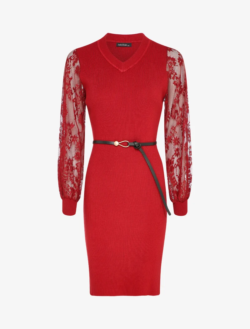 Robe côtelée à manches en dentelle fleurie - Rouge