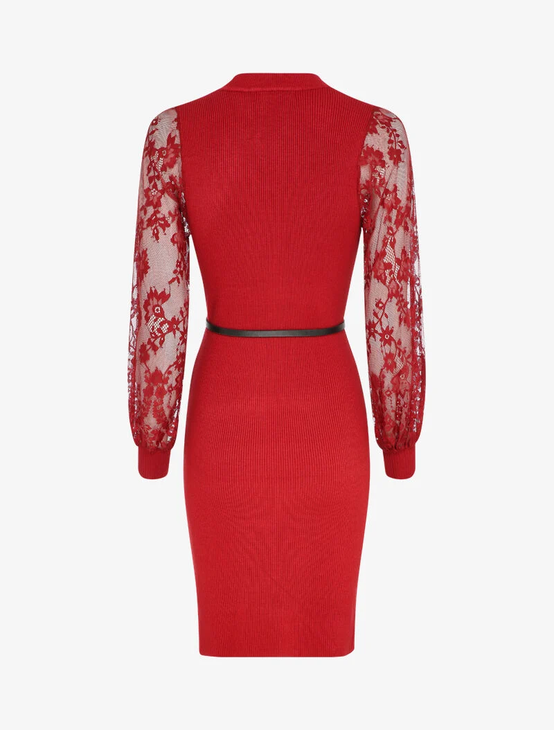 Robe côtelée à manches en dentelle fleurie - Rouge