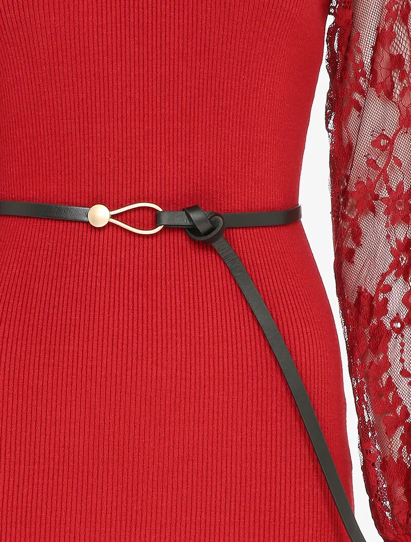 Robe côtelée à manches en dentelle fleurie - Rouge