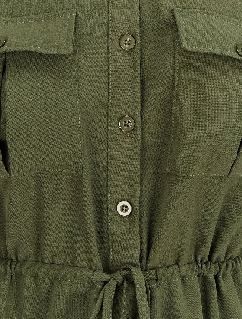 Robe chemise mi-longue à lien à nouer - Kaki