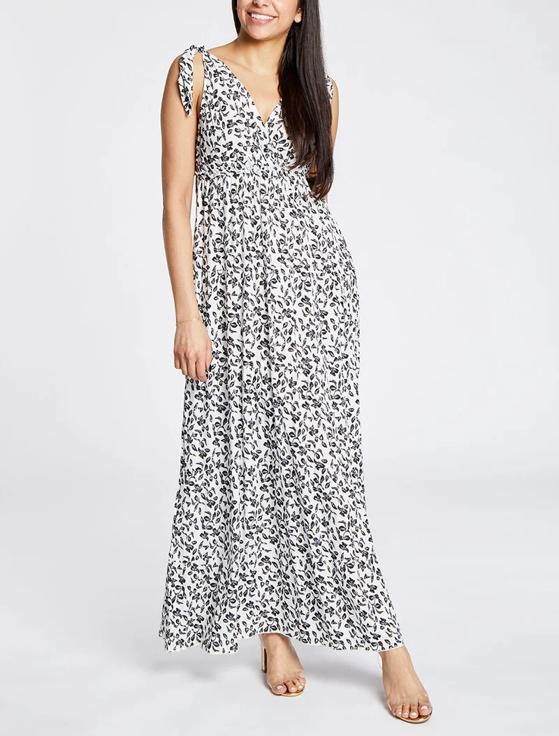 Robe longue à imprimé feuillage - Blanc
