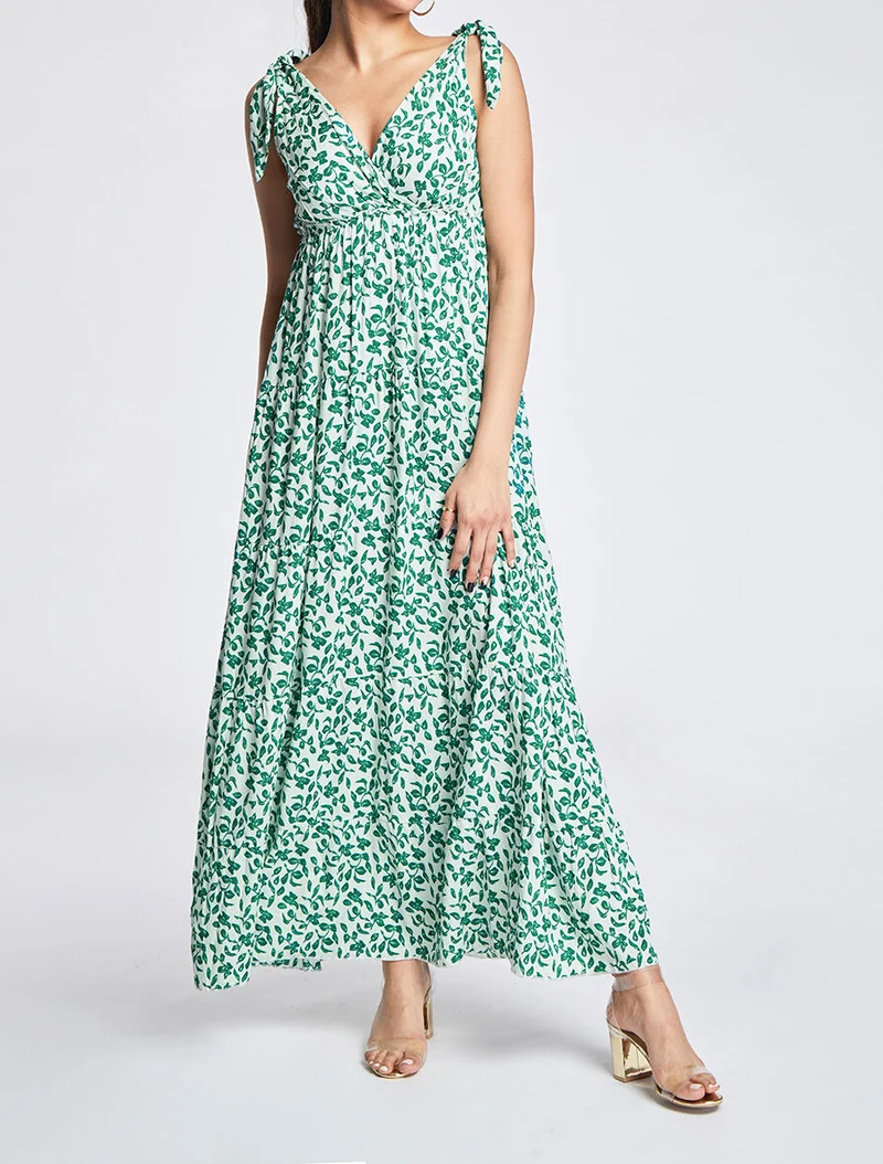 Robe longue à imprimé feuillage - Vert