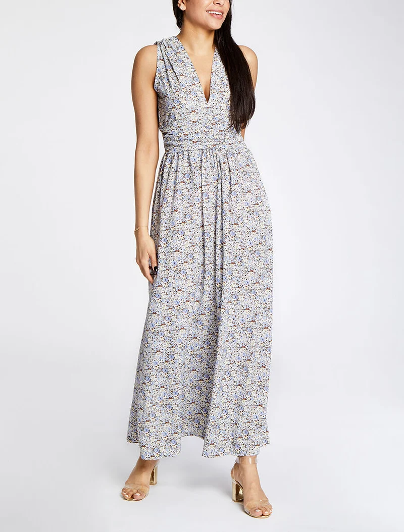 Robe longue à imprimé fleurs du printemps - Bleu