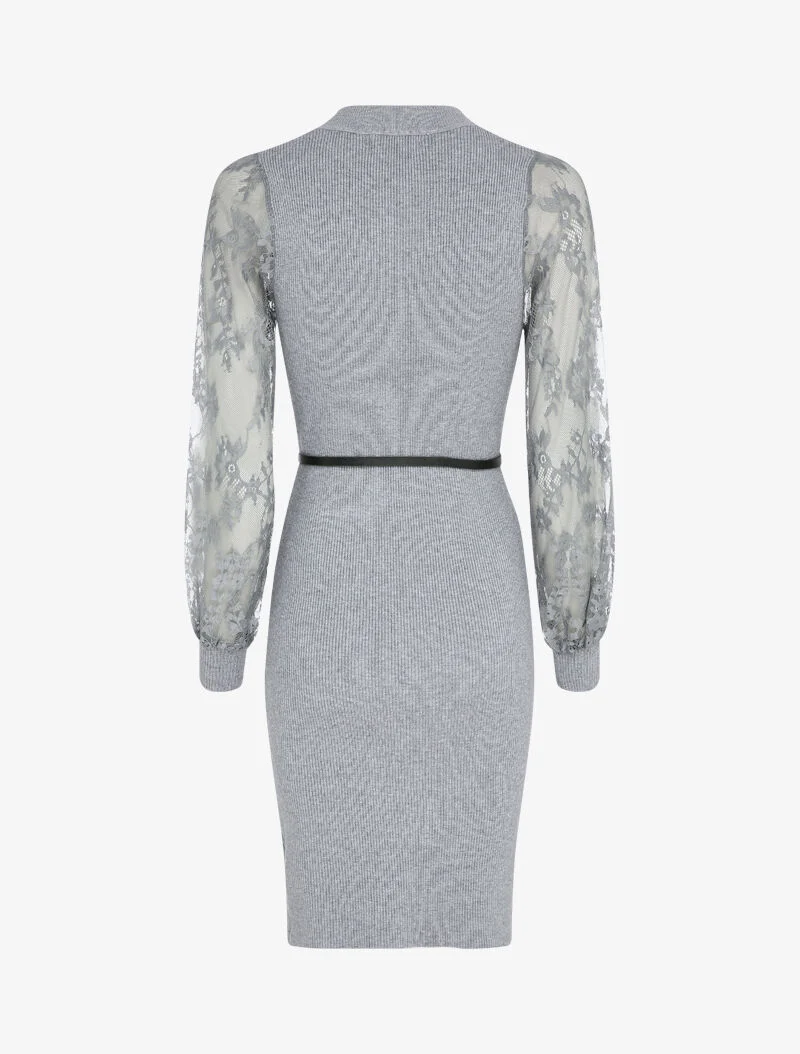Robe côtelée à manches en dentelle fleurie - Gris