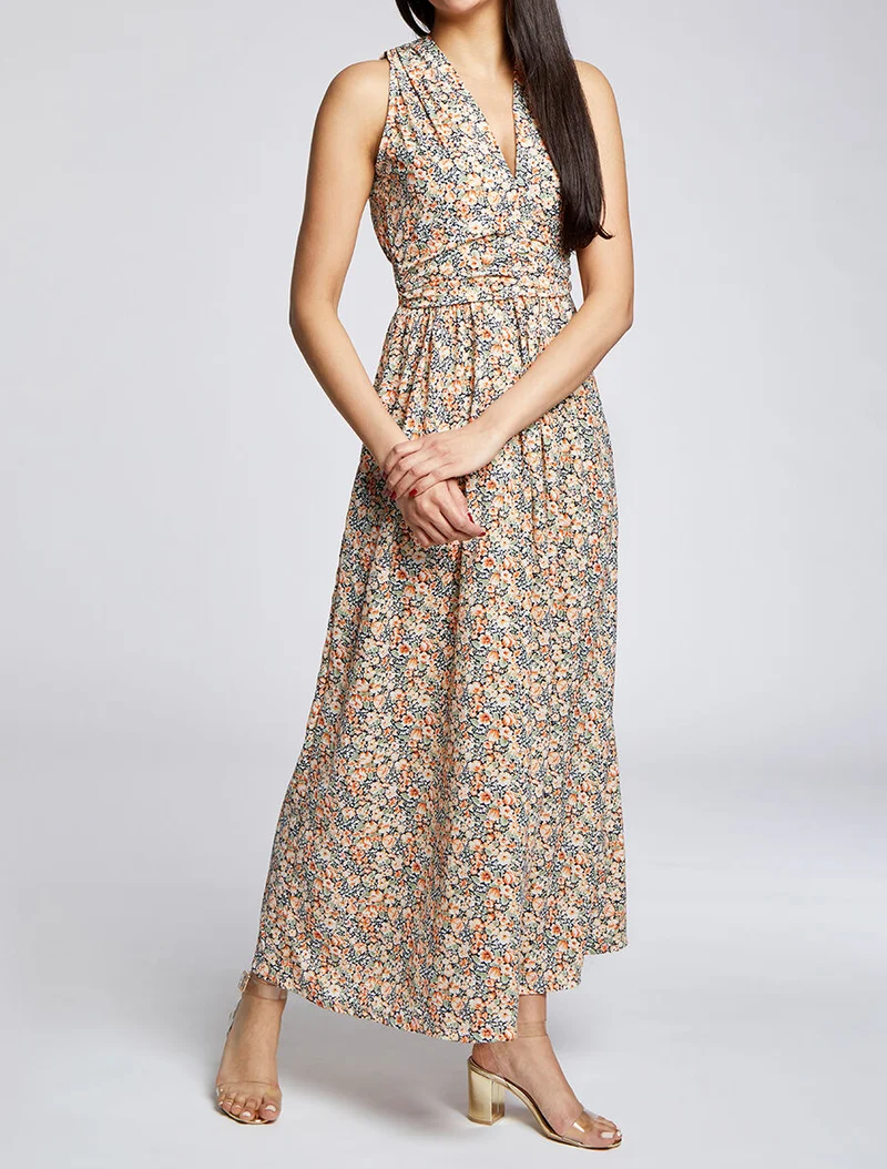 Robe longue à imprimé fleurs du printemps - Orange