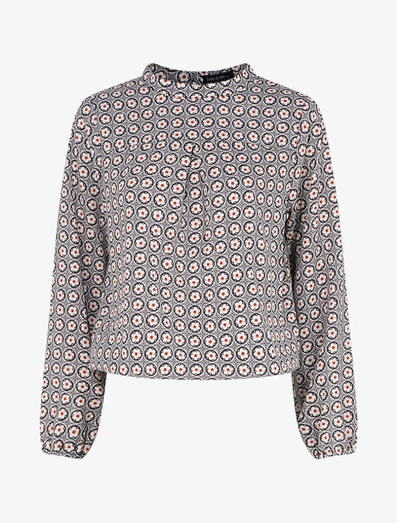 Top boule imprimé marguerites stylisées - Noir/beige