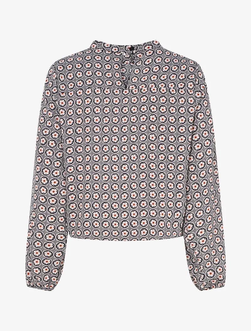 Top boule imprimé marguerites stylisées - Noir/beige