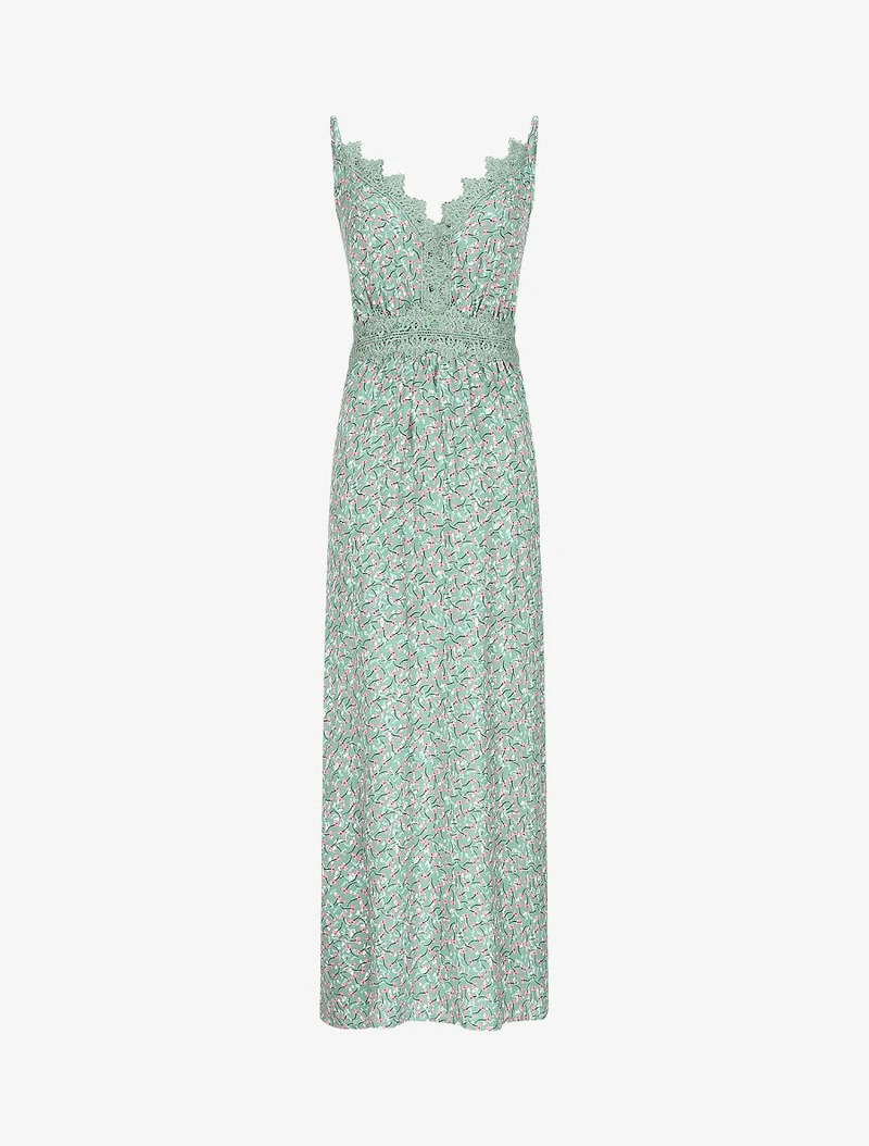 Robe longue à fleurs graphiques et à fines broderies - Vert amande