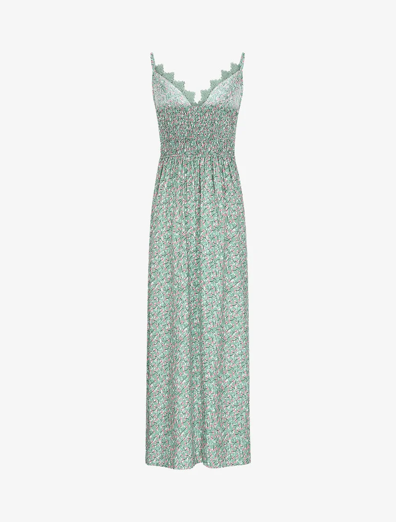 Robe longue à fleurs graphiques et à fines broderies - Vert amande