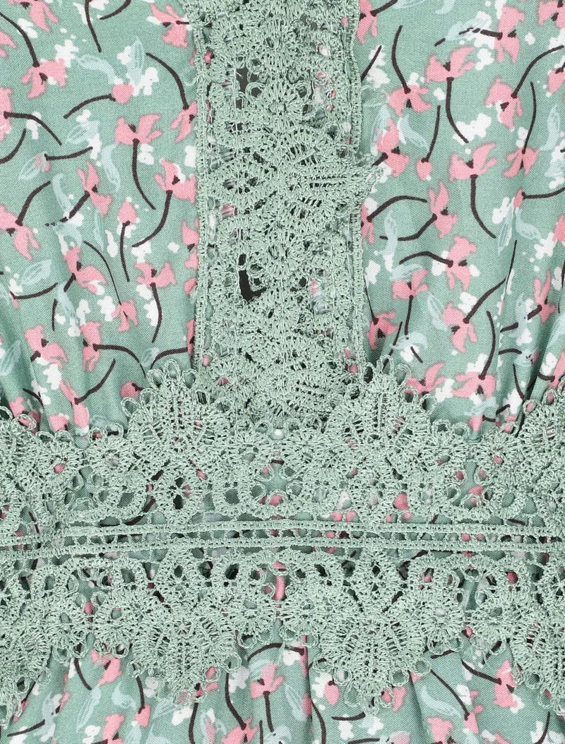 Robe longue à fleurs graphiques et à fines broderies - Vert amande