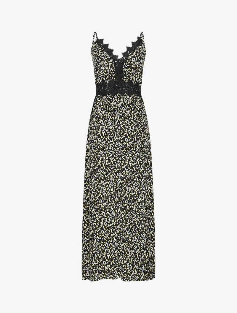 Robe longue à fleurs graphiques et à fines broderies - Noir